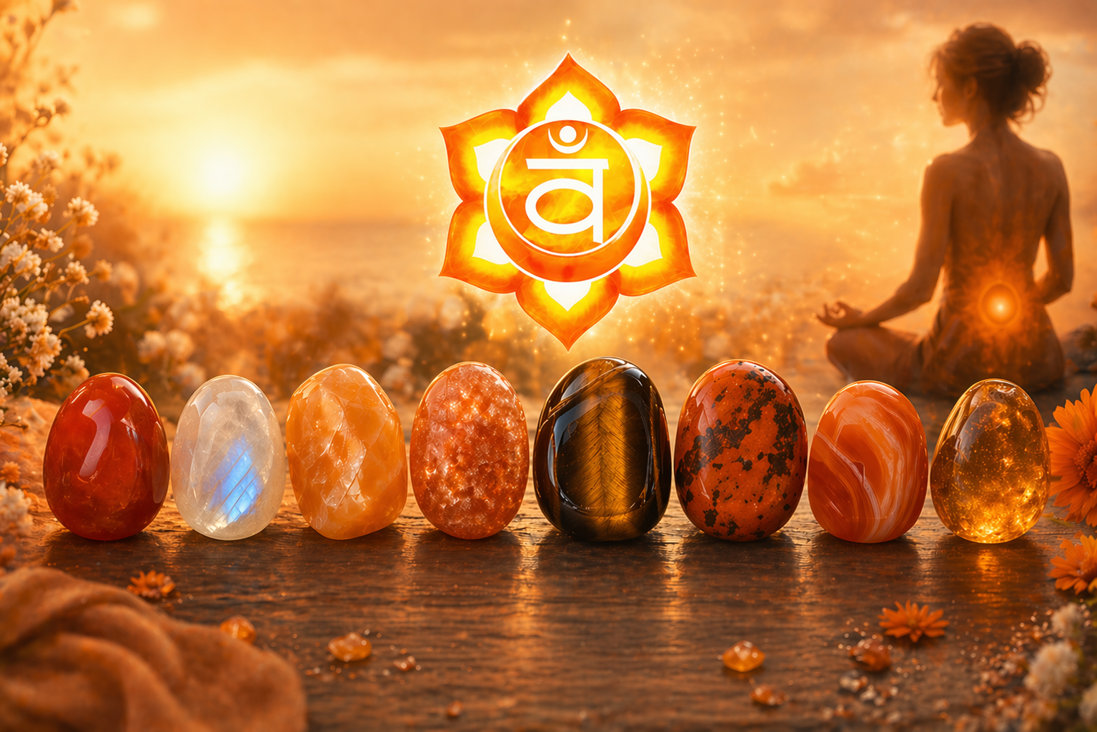 Kryštály a kamene pre sakrálnu čakru v oranžových tónoch usporiadané vedľa seba so symbolom druhej čakry, podpora emócií, vitality a radosti zo života, tvorivej energie