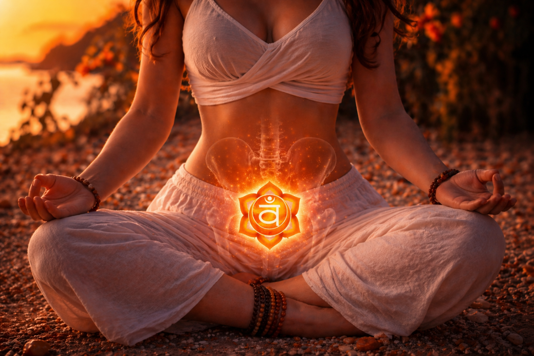 Sakrálna čakra umiestnenie na tele – druhá čakra v oblasti podbruška nad pohlavnými orgánmi v oblasti krížovej kosti, žiarivý oranžový symbol sakrálnej čakry počas meditácie
