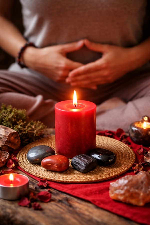 rituál pre koreňovú čakru červená sviečka uzemnenie meditácia