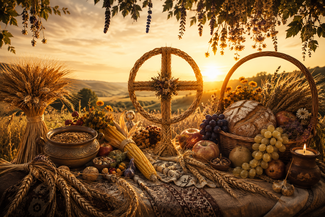Lughnasadh – symbolika sviatku prvej úrody s klasmi obilia, chlebom, ovocím a svetlom zapadajúceho slnka.