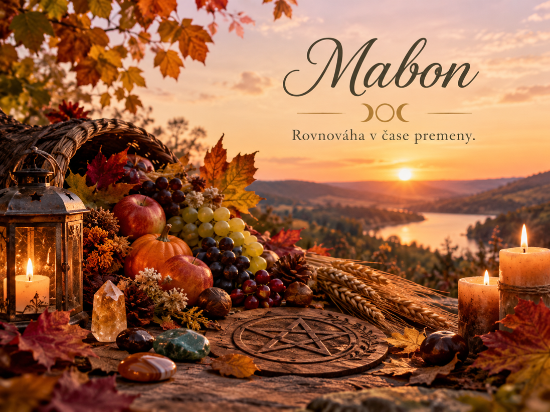 Mabon, jesenná rovnodennosť, jablká, tekvica a obilie na stole v jesennom svetle