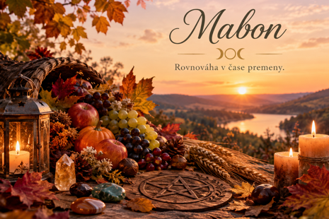 Mabon, jesenná rovnodennosť, jablká, tekvica a obilie na stole v jesennom svetle